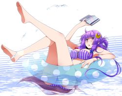 Rule 34 | 1girl, arm up, bikini, blue bow, book, bow, bra, breasts, crescent, crescent hair ornament, eichi yuu, hair bow, hair ornament, hand up, innertube, legs up, long hair, looking at viewer, lying, medium breasts, open book, open mouth, panties, patchouli knowledge, purple bikini, purple bra, purple eyes, purple hair, purple panties, red bow, solo, swim ring, swimsuit, touhou, underwear, water