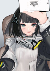 Rule 34 | 1girl, absurdres, arknights, arknights: endfield, arm up, black hair, black jacket, blush, chain, chair, endministrator (arknights), female endministrator (arknights), green eyes, grey background, hair ornament, highres, holding, holding tablet pc, jacket, looking at viewer, mikuning, open clothes, open jacket, open mouth, short hair, simple background, smile, solo, sweater, tablet pc, upper body, white sweater