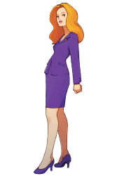 Rule 34 | 1girl, advance wars, advance wars: dual strike, blonde hair, blue eyes, formal, full body, high heels, highres, hirata ryou, jacket, lips, lipstick, long hair, looking back, makeup, mole, mole under eye, nell (advance wars), nintendo, office lady, official art, open mouth, pencil skirt, shoes, simple background, skirt, skirt suit, solo, standing, suit