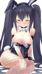 absurdres animal_ears bare_shoulders bimmy black_hair bodysuit breasts cleavage collar cuff fishnets hair_between_eyes highres leggings leotard long_hair medium_breasts neptune_(series) noire_(neptunia) playboy_bunny rabbit_ears rabbit_tail red_eyes ribbon simple_background tail thighs tsundere very_long_hair