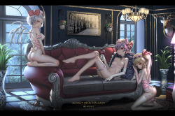 Rule 34 | 3girls, ass, bare shoulders, barefoot, bat wings, blonde hair, breasts, breasts apart, bridal garter, corset, couch, cup, deer head, drinking glass, elbow gloves, flandre scarlet, garter belt, garter straps, gloves, hat, hat ribbon, hk (hk), indoors, lamp, long hair, looking at viewer, lying, md5 mismatch, medium breasts, mob cap, multiple girls, nipples, no bra, no panties, on back, photo (object), plant, potted plant, purple hair, red eyes, red ribbon, remilia scarlet, resolution mismatch, ribbon, siblings, side ponytail, sisters, small areolae, small breasts, small nipples, source larger, taxidermy, thighhighs, touhou, white gloves, white legwear, window, wine glass, wings