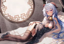 Rule 34 | 1girl, 29hyeon, absurdres, ahoge, alternate costume, backlighting, bare arms, bare shoulders, bell, black footwear, black garter belt, black panties, black thighhighs, blue hair, blush, breasts, china dress, chinese clothes, commentary, dress, floral print, foot out of frame, ganyu (genshin impact), garter belt, genshin impact, goat horns, hand on own hip, highres, horns, huge filesize, incredibly absurdres, lace, lace panties, large breasts, light particles, long hair, looking at viewer, low ponytail, lying, neck bell, on bed, on side, panties, purple eyes, sideboob, sidelocks, sleeveless, sleeveless dress, solo, sunlight, thighhighs, underwear, window