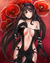 Rule 34 | 1girl, absurdres, arm at side, bare shoulders, black gloves, black hair, black ribbon, breasts, buckle, center opening, cleavage, collar, collarbone, ear piercing, elbow gloves, fate/grand order, fate (series), floral background, flower, gloves, hand up, head tilt, highres, large breasts, long hair, looking at viewer, midriff, navel, parted lips, piercing, red eyes, red flower, revealing clothes, ribbon, ribbon trim, smile, solo, stomach, strapless, very long hair, ytoy, yu mei-ren (fate)