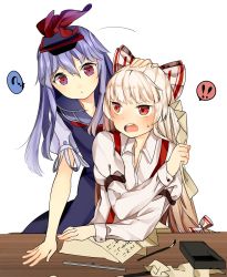 Rule 34 | !, !!, 2girls, ?, albino, blue hair, blush, calligraphy brush, commentary, dress, fujiwara no mokou, hair ribbon, hand on another&#039;s head, hat, highres, kamishirasawa keine, long hair, long sleeves, looking at another, looking back, multiple girls, onioncake, open mouth, paintbrush, paper, parted lips, puffy sleeves, red eyes, ribbon, shirt, short sleeves, simple background, sitting, sweatdrop, table, text focus, touhou, tress ribbon, white background, white hair