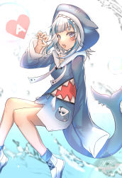 Rule 34 | 1girl, a (phrase), absurdres, blue footwear, blue hoodie, blunt bangs, blush, claw pose, fins, fish tail, from side, gawr gura, gawr gura (1st costume), hand up, heart, highres, hololive, hololive english, hood, hood up, hoodie, long sleeves, looking at viewer, medium hair, multicolored hair, open mouth, purple eyes, scarf, shark girl, shark tail, sharp teeth, shoes, silver hair, sleeves past fingers, sleeves past wrists, socks, solo, striped, tail, teeth, upper teeth only, virtual youtuber, weyas kayur