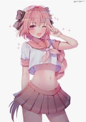 Rule 34 | 1boy, ;d, astolfo (fate), astolfo (sailor paladin) (fate), bad id, bad twitter id, black ribbon, blush, braid, cowboy shot, crop top, crop top overhang, fang, fate/grand order, fate (series), hair intakes, hair ribbon, hanato (seonoaiko), hand up, legs apart, long hair, looking at viewer, male focus, midriff, miniskirt, navel, neckerchief, official alternate costume, one eye closed, open mouth, pink eyes, pink hair, pink neckerchief, pink sailor collar, pink skirt, pleated skirt, ribbon, sailor collar, school uniform, serafuku, shirt, short sleeves, simple background, single braid, skin fang, skirt, smile, solo, sparkle, standing, stomach, trap, twitter username, v, very long hair, white background, white shirt