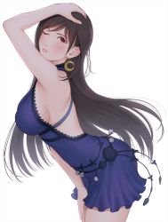 Rule 34 | 1girl, arm up, armpits, bare arms, bare shoulders, black hair, breasts, cowboy shot, crescent, crescent earrings, dress, earrings, edogawa roman, final fantasy, final fantasy vii, final fantasy vii remake, from side, hand on own head, highres, jewelry, large breasts, leaning forward, long hair, looking at viewer, looking to the side, one eye closed, parted bangs, parted lips, purple dress, red eyes, sideboob, simple background, sleeveless, sleeveless dress, solo, straight hair, tifa lockhart, tifa lockhart (refined dress), very long hair, white background