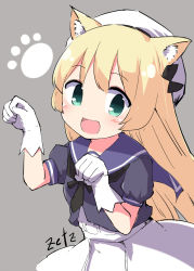 Rule 34 | 1girl, animal ears, artist name, blonde hair, blue sailor collar, cat ears, cowboy shot, dress, gloves, green eyes, grey background, hat, highres, jervis (kancolle), kantai collection, paw pose, paw print, sailor collar, sailor dress, sailor hat, simple background, solo, white dress, white gloves, white hat, zetz
