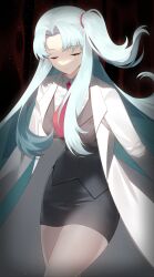 Rule 34 | 1girl, absurdres, angela (project moon), black background, black skirt, black vest, blood, blue hair, breasts, closed eyes, closed mouth, coat, hi i dubu, highres, lab coat, large breasts, lobotomy corporation, long hair, long sleeves, necktie, pantyhose, parted bangs, pencil skirt, project moon, red necktie, side ponytail, sidelocks, skirt, solo, very long hair, vest, white coat, wing collar