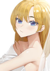 Rule 34 | 1girl, absurdres, bare shoulders, blonde hair, blue eyes, blush, closed mouth, collarbone, commentary, curtains, darkzmonsty, hair between eyes, highres, hololive, hololive english, long hair, looking at viewer, parted bangs, shirt, simple background, solo, thick eyebrows, transparent, upper body, virtual youtuber, watson amelia, white background, white shirt