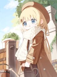 1girl :o beret blonde_hair blue_eyes blue_sky blush breath brown_coat brown_hat bucket cloud coat commentary_request day faucet flower_girl_(yuuhagi_(amaretto-no-natsu)) grey_skirt hair_ornament hairclip hat holding long_hair long_sleeves open_clothes open_coat open_mouth original outdoors pleated_skirt scarf shirt skirt sky sleeves_past_wrists solo standing very_long_hair watering_can white_scarf white_shirt wide_sleeves x_hair_ornament yuuhagi_(amaretto-no-natsu)