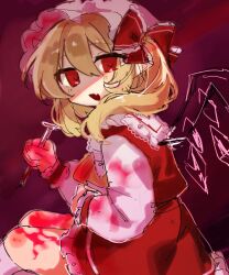 Rule 34 | 1girl, ascot, blonde hair, blood, blood on clothes, blood on face, bow, chicachang, flandre scarlet, hat, hat ribbon, highres, holding, mob cap, nail, one side up, open mouth, puffy short sleeves, puffy sleeves, red eyes, ribbon, short sleeves, side ponytail, skirt, solo, teeth, touhou, upper teeth only