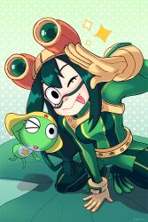 Rule 34 | 1girl, animal connection, asui tsuyu, blush, bodysuit, boku no hero academia, breasts, brown gloves, commentary, crossover, english commentary, eyelashes, frog girl, gloves, green bodysuit, green hair, hair between eyes, hair rings, keroro, keroro gunsou, lily pad, long hair, low-tied long hair, medium breasts, one eye closed, papricots, sidelocks, signature, smile, sparkle, squatting, tongue, tongue out