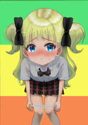 Rule 34 | 1girl, bent over, black bow, blonde hair, blue eyes, blunt bangs, blush, bow, closed mouth, embarrassed, emilico (shadows house), eyelashes, feet out of frame, female focus, hair bow, highres, leaning forward, long hair, multicolored background, bowtie, nokironokii, panties, panty pull, pee, pee stain, peeing, peeing self, plaid, plaid skirt, pleated skirt, pulling own clothes, shadows house, shirt, short sleeves, short twintails, skirt, standing, sweatdrop, twintails, underwear, white panties, white shirt