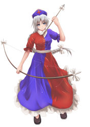 Rule 34 | 1girl, arrow (projectile), blue eyes, bow, bow (weapon), braid, constellation, cross, dress, hair bow, highres, long hair, multicolored clothes, multicolored dress, musyne xsk, ponytail, red cross, silver hair, simple background, single braid, smile, solo, touhou, very long hair, weapon, white background, yagokoro eirin