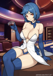 1girl bandana bandana_around_neck blue_bandana blue_gloves blue_panties blue_thighhighs breasts chair closed_mouth cocktail_glass creatures_(company) crossed_legs cup drinking_glass elbow_gloves game_freak gen_6_pokemon gloves holding holding_cup indoors large_breasts looking_at_viewer meowstic nintendo on_table orange_eyes panties personification pokemon redjet short_hair sitting smile solo table thighhighs underwear