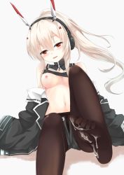 Rule 34 | 1girl, :d, absurdres, ayanami (azur lane), ayanami (rock &#039;n&#039; demon) (azur lane), ayanami (rock &#039;n&#039; demon) (azur lane), azur lane, bare shoulders, black camisole, black jacket, black pantyhose, black shorts, blush, breasts, camisole, commentary request, cum, cum on body, cum on feet, cum on lower body, feet, grey background, hair between eyes, hair ornament, headgear, headphones, high heels, highres, jacket, light brown hair, long hair, looking at viewer, medium breasts, navel, nipples, no panties, no shoes, off shoulder, open fly, open mouth, pantyhose, ponytail, red eyes, short shorts, shorts, sidelocks, siroyuki, smile, soles, solo, very long hair