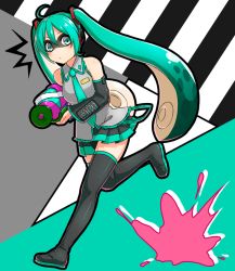 Rule 34 | 1girl, :/, bare shoulders, black thighhighs, boots, closed mouth, crossover, detached sleeves, domino mask, full body, green eyes, green hair, hair between eyes, hatsune miku, headphones, headset, holding, holding weapon, inkling, inkling player character, long hair, looking at viewer, mask, necktie, nintendo, nonaka hako, running, shirt, skirt, solo, splatoon (series), suction cups, super soaker, tentacle hair, thigh boots, thighhighs, twintails, very long hair, vocaloid, weapon, zettai ryouiki