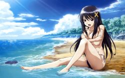 Rule 34 | 00s, 1girl, asakura naoko, barefoot, beach, bikini, black hair, breast hold, breasts, cleavage, cloud, comp h&#039;s, covering privates, covering breasts, cross, crossed arms, day, embarrassed, feet, female focus, full body, hair ornament, hanai hirokazu, highres, kono aozora ni yakusoku wo, large breasts, leg up, long hair, nature, non-web source, open mouth, outdoors, red eyes, side-tie bikini bottom, sitting, sky, soaking feet, solo, swimsuit, topfreedom, topless, wallpaper, water, wet