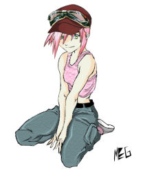Rule 34 | 00s, 1girl, breasts, female focus, flcl, haruhara haruko, kneeling, looking at viewer, pink hair, simple background, sitting, small breasts, smile, solo, tank top, wariza, white background, yellow eyes