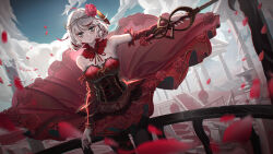 Rule 34 | 1girl, absurdres, ahoge, black pantyhose, breasts, cleavage, cowboy shot, day, destiny (takt op.), detached sleeves, dress, dutch angle, flower, green eyes, grey hair, hair flower, hair ornament, high-low skirt, highres, holding, holding sword, holding weapon, long sleeves, mecha (alswp), medium breasts, medium hair, nail polish, outdoors, pantyhose, petals, pleated dress, rapier, red dress, red flower, red nails, red sleeves, solo, standing, strapless, strapless dress, sword, takt op., weapon
