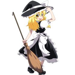 Rule 34 | 1girl, bad id, bad pixiv id, blonde hair, broom, female focus, full body, hat, hat tip, highres, kirisame marisa, long hair, looking back, massala, open mouth, smile, solo, touhou, transparent background, witch, witch hat, yellow eyes