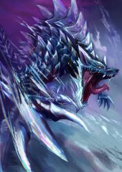 Rule 34 | absurdres, blue scales, claws, frost, fujikura, highres, ice, lunagaron, monster, monster focus, monster hunter (series), monster hunter rise, open mouth, saliva, scales, sharp teeth, snout, snow, solid eyes, solo, spikes, teeth, tongue, tongue out, wolf, yellow eyes