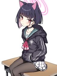 Rule 34 | 1girl, animal ears, black choker, black hair, black jacket, black pantyhose, blue archive, blush, choker, closed mouth, commentary request, desk, drawstring, feet out of frame, green sailor collar, hair ornament, hairclip, halo, hands in pockets, highres, hood, hood down, hooded jacket, jacket, kazusa (blue archive), looking at viewer, multicolored hair, on desk, pantyhose, pink hair, pleated skirt, red eyes, ryuinu, sailor collar, school desk, school uniform, serafuku, short hair, simple background, sitting, skirt, solo, two-tone hair, wavy mouth, white background, white skirt