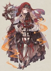 Rule 34 | 1girl, blonde hair, bloomers, full body, hood, hood up, looking at viewer, oro ponzu, red riding hood (sinoalice), see-through, simple background, sinoalice, skull, solo, standing, thighhighs, underwear, white bloomers, white thighhighs, yellow eyes
