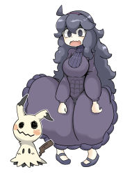 Rule 34 | 1girl, @ @, ahoge, alternate breast size, animal ears, blush, breasts, creatures (company), dress, female focus, full body, game freak, gen 7 pokemon, hairband, hex maniac (pokemon), highres, large breasts, long hair, long sleeves, looking at viewer, matching hair/eyes, mimikyu, nintendo, npc trainer, open mouth, outline, pigeon-toed, pokemon, pokemon (creature), pokemon xy, purple dress, purple eyes, purple footwear, purple hair, shoes, standing, tail, tazonotanbo, turtleneck, turtleneck dress, white background