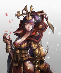Rule 34 | 1girl, armor, atlantica online, blue eyes, breasts, cleavage, eyeshadow, fingerless gloves, gloves, hair ornament, himiko (atlantica online), japanese clothes, large breasts, lips, makeup, nawol, petals, purple hair, solo