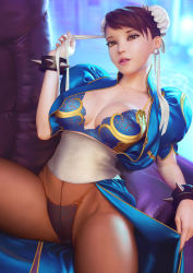 Rule 34 | 1girl, absurdres, bra, bracelet, breasts, brown eyes, brown hair, bun cover, capcom, chun-li, commentary, couch, double bun, earrings, eyeshadow, fingernails, hair bun, hand up, highleg, highleg panties, highres, jewelry, lingerie, lips, looking at viewer, makeup, medium breasts, misusart, open clothes, panties, pantyhose, parted lips, pink lips, puffy short sleeves, puffy sleeves, r18superstar1986, realistic, short sleeves, simple background, sitting, solo, spiked bracelet, spikes, street fighter, street fighter ii (series), underwear