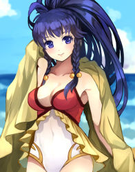 Rule 34 | 1girl, armpits, blue eyes, blue hair, blue sky, blush, braid, breasts, cleavage, closed mouth, cloud, collarbone, covered navel, day, fire emblem, fire emblem: the sacred stones, fire emblem heroes, gloves, hair bobbles, hair ornament, hand up, head tilt, horizon, jurge, long hair, looking at viewer, medium breasts, nintendo, ocean, one-piece swimsuit, open mouth, outdoors, pegasus knight uniform (fire emblem), ponytail, purple eyes, purple hair, side braid, side braids, sky, smile, solo, strapless, strapless one-piece swimsuit, swimsuit, tana (fire emblem), tana (summer) (fire emblem), twin braids, very long hair, water