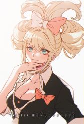 Rule 34 | 1girl, alternate hairstyle, artist name, black shirt, blonde hair, bow, breasts, cinnamiku hairstyle, cleavage, criis-chan, danganronpa: trigger happy havoc, danganronpa (series), enoshima junko, green eyes, hair bow, hair up, hand up, large breasts, looking at viewer, necktie, red bow, shirt, smile, solo, twintails, upper body, white bow