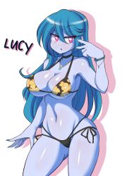 Rule 34 | 1girl, absurdres, bikini, black bikini, blue hair, blue skin, breasts, cleavage, colored skin, cosplay, cowboy shot, curvy, expressionless, fingernails, highres, kitagawa marin, kitagawa marin (cosplay), large breasts, lipstick, long hair, looking at viewer, lucy (lucyfer), lucyfer, makeup, original, red eyes, shiny skin, shirt, side-tie bikini bottom, simple background, solo, sono bisque doll wa koi wo suru, standing, swimsuit, thighhighs, thighs, thong, thong bikini, v, very long hair, white background, wide hips