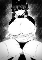 Rule 34 | 1girl, :3, animal ears, blunt bangs, blush, bow, breasts, breasts out, cat ears, choker, closed mouth, clothes lift, extra ears, fingernails, gluteal fold, greyscale, hair bow, haseru (ginku mh), huge breasts, inverted nipples, kaenbyou rin, lifting own clothes, long hair, looking at viewer, monochrome, nipples, no nose, outline, panties, pointy ears, puffy short sleeves, puffy sleeves, short sleeves, side-tie panties, sidelocks, smile, solo, spread legs, squatting, thighhighs, thighs, tiptoes, tongue, tongue out, touhou, underwear, white outline