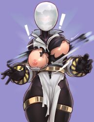 Rule 34 | !, 1girl, areola slip, artificer (risk of rain 2), blush, bodystocking, bouncing breasts, breasts, covered collarbone, cowboy shot, embarrassed, female focus, groin, hands up, helmet, highres, jaggy lines, large breasts, motion blur, motion lines, nipples, nose blush, pelvic curtain, purple background, risk of rain, risk of rain (series), risk of rain 2, shiny skin, simple background, skindentation, solo, standing, surprised, tabard, thigh strap, wamudraws
