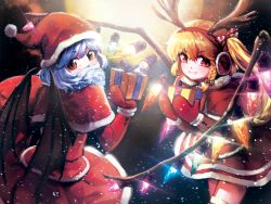 Rule 34 | 2girls, antlers, bad id, bad pixiv id, bat wings, blonde hair, blue hair, bow, box, braid, capelet, christmas, fake antlers, fake beard, fake facial hair, flandre scarlet, full moon, fur-trimmed headwear, fur trim, gift, gift box, gloves, grin, hair between eyes, hair bow, hair ribbon, hat, highres, horns, long sleeves, looking at viewer, looking back, mittens, mo ne, moon, multiple girls, night, red bow, red eyes, red gloves, red hat, red mittens, red shirt, red skirt, reindeer antlers, remilia scarlet, ribbon, santa costume, santa hat, shirt, short hair, side braid, side ponytail, skirt, smile, snowing, sparkle, striped, striped bow, thighhighs, touhou, tress ribbon, wings, zettai ryouiki