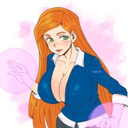 Rule 34 | 1girl, aged up, ben 10, ben 10: alien force, blush, breasts, cleavage, female focus, green eyes, gwen tennyson, highres, huge breasts, large breasts, lipstick, long hair, magical girl, makeup, orange hair, pinkkoffin, shiny skin, smile, solo