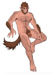 Rule 34 | 1boy, abs, animal ears, arm hair, bara, beard, blue eyes, body fur, brown hair, completely nude, facial hair, fingernails, flaccid, full body, gh himainu, grin, hairy, highres, huge eyebrows, large pectorals, leg hair, looking at viewer, male focus, male pubic hair, monster prom, muscular, muscular male, navel, navel hair, nipples, nude, pectorals, pubic hair, scott howl, sharp fingernails, short hair, smile, solo, stomach, tail, thick eyebrows, thighs, white background, wolf boy, wolf ears, wolf tail