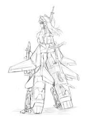 Rule 34 | animal ears, assault rifle, cat ears, dakku (ogitsune), ear protection, f-14 tomcat, facing away, greyscale, gun, gun sling, heads-up display, holster, landing gear, looking at viewer, m16, m16a2, missile, monochrome, patricia mitchell, bulletproof vest, rifle, solo, standing, strike witches, strike witches 1991, striker unit, tail, uniform, weapon, world witches series