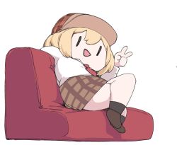 Rule 34 | asakata koreta, black socks, blonde hair, brown footwear, brown headwear, brown skirt, cabbie hat, checkered clothes, checkered skirt, couch, crossed legs, full body, hair between eyes, hat, highres, hololive, hololive english, long sleeves, looking at viewer, necktie, on couch, open mouth, red necktie, shirt, sitting, skirt, smol ame, socks, thighs, triangle mouth, v, virtual youtuber, watson amelia, white shirt, | |