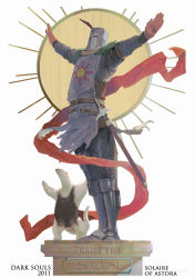 Rule 34 | 1boy, anteater, armor, belt, brown belt, chainmail, character name, commentary, covered face, dark souls (series), dark souls i, english text, greaves, helmet, highres, long sleeves, male focus, armored boots, miso katsu, multiple belts, outstretched arms, plume, praise the sun, scabbard, sheath, sheathed, solaire of astora, solo, spread arms, standing, sword, symbol-only commentary, tabard, weapon