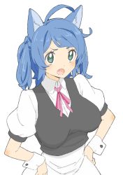 Rule 34 | 1girl, absurdres, ahoge, animal ears, apron, bad id, bad twitter id, black vest, blue hair, breasts, collared shirt, donguri suzume, fang, green eyes, hands on own hips, highres, large breasts, looking at viewer, maid, maid apron, neck ribbon, open mouth, original, pink ribbon, puffy short sleeves, puffy sleeves, ribbon, shirt, short sleeves, simple background, solo, upper body, vest, waist apron, white apron, white background, wing collar, wrist cuffs