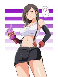 Rule 34 | 1girl, ?, black hair, black skirt, breasts, cowboy shot, cup, curious, disposable cup, drinking straw, earrings, elbow gloves, english text, final fantasy, final fantasy vii, fingerless gloves, gloves, grimace shake (meme), half-closed eyes, highres, holding, holding cup, jewelry, layered gloves, long hair, looking at viewer, low-tied long hair, medium breasts, meme, microskirt, midriff, navel, noyama takenoko, open mouth, red eyes, skirt, solo, spoken question mark, standing, suspender skirt, suspenders, tank top, tifa lockhart, white tank top