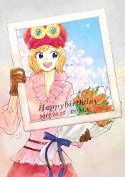 Rule 34 | 1girl, 2019, artist name, blonde hair, blue eyes, bouquet, brown gloves, character name, commentary request, cowboy shot, dated, flower, frilled shirt, frills, gloves, goggles, goggles on headwear, hanakotoba28, happy birthday, hat, highres, holding, holding bouquet, koala (one piece), looking to the side, one piece, open mouth, pink shirt, shirt, short hair, sky, smile, solo