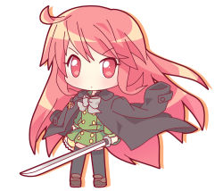 Rule 34 | 00s, 1girl, ahoge, alastor (shakugan no shana), arms at sides, black thighhighs, bread, chibi, food, full body, holding, holding sword, holding weapon, jewelry, long hair, melon bread, miniskirt, mirai (sugar), necklace, pendant, red hair, shakugan no shana, shana, simple background, skirt, solo, standing, swept bangs, sword, thighhighs, v-shaped eyebrows, very long hair, weapon, white background