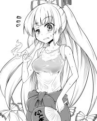 Rule 34 | 1girl, bow, bra, breasts, cigarette, commentary request, eyebrows, fujiwara no mokou, futa (nabezoko), greyscale, hair bow, hand fan, highres, holding, holding cigarette, holding fan, hot, large breasts, long hair, looking at viewer, monochrome, see-through, shirt, sidelocks, sleeves rolled up, solo, sweat, touhou, translation request, underwear, wet, wet clothes, wet shirt
