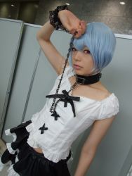 Rule 34 | 1girl, alternate costume, asian, ayanami rei, black skirt, blue hair, breasts, collar, color contacts, cosplay, dutch angle, frilled skirt, frills, goth fashion, indoors, lace, leash, looking at viewer, makeup, mascara, midriff, miniskirt, namada, neon genesis evangelion, photo (medium), red eyes, short hair, skirt, small breasts, solo, standing