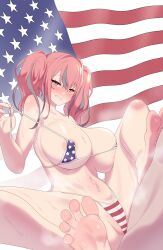 Rule 34 | 1boy, 1girl, american flag background, american flag bikini, american flag print, areola slip, azur lane, bare legs, bare shoulders, barefoot, bikini, blush, breasts, bremerton (azur lane), cleavage, collarbone, commentary, covered erect nipples, flag print, grey hair, grin, hair between eyes, hair intakes, head out of frame, large breasts, long hair, looking at viewer, maidforge, mole, mole on breast, mole under eye, multicolored hair, navel, navel piercing, nose blush, paid reward available, piercing, pink eyes, pink hair, print bikini, sidelocks, sitting, smile, soles, solo focus, spread legs, stomach, strap pull, streaked hair, sweat, swimsuit, teeth, toes, twintails, two-tone hair